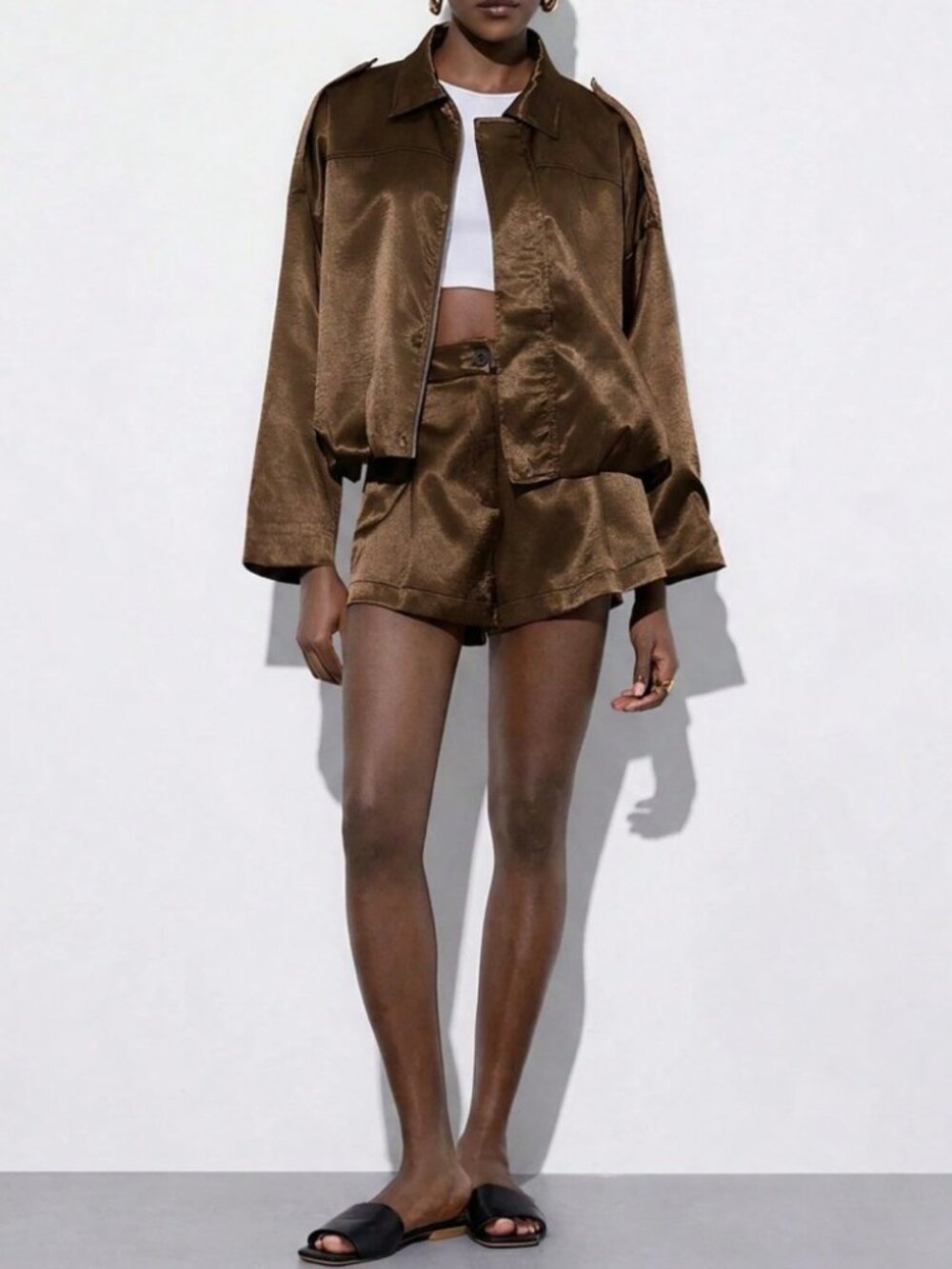 Bronze Satin Two-Piece Pantsuit Set - Oversized Bomber Jacket & Mini Shorts